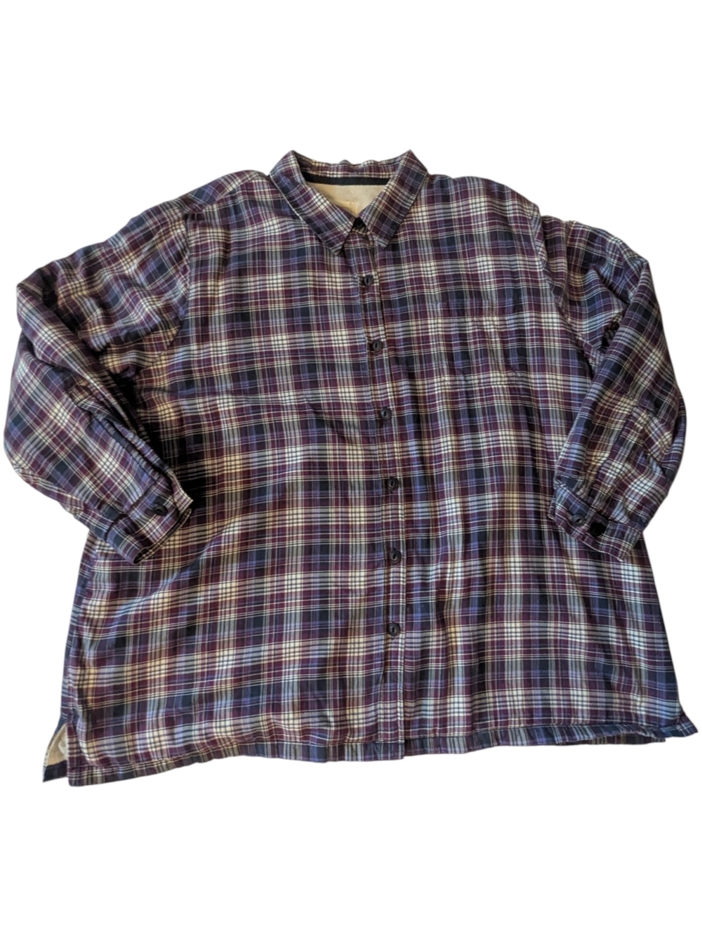 L.L. Bean Purple Plaid Sherpa Fleece Lined Flannel LS Button Front Shacket